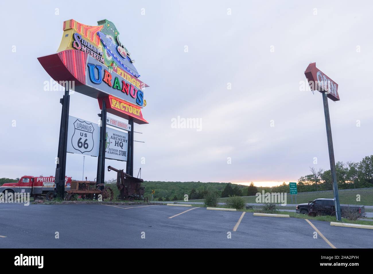 St Robert, Missouri, MO, USA On Route 66, neon sign of the Uranus Fudge
