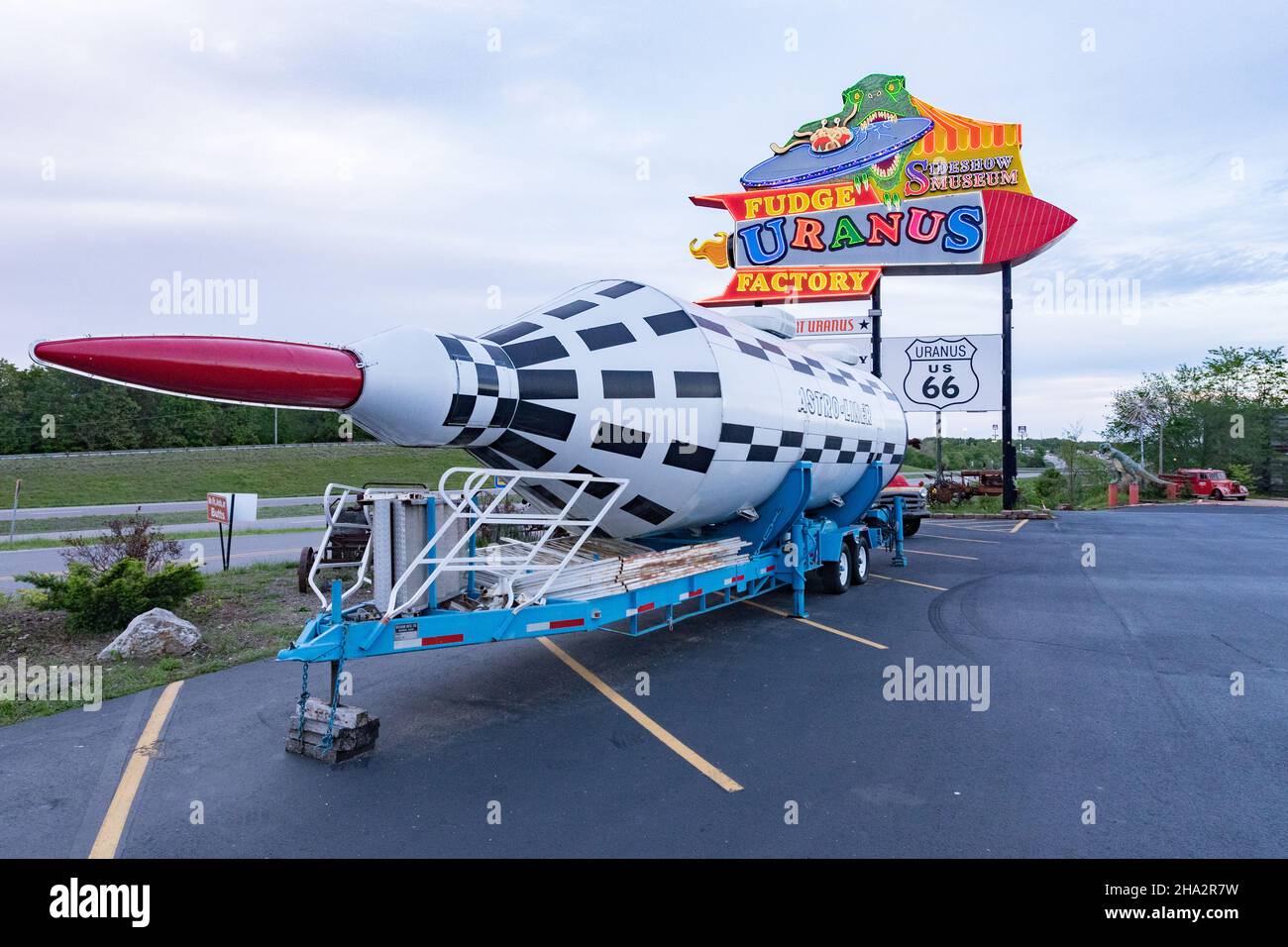 St Robert, Missouri, MO, USA On Route 66, neon sign of the Uranus Fudge