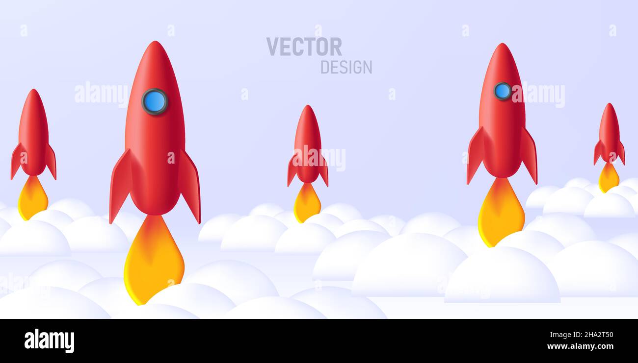 Illustration of 3d rockets in red black and white colors in cloud, render style graphic Stock Vector