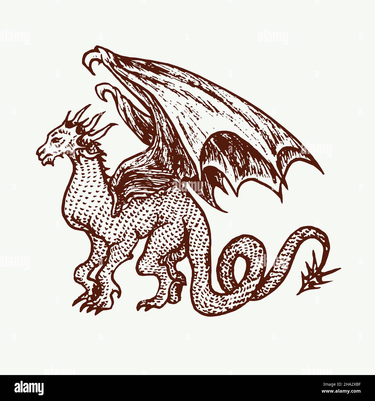 Dragon standing side view, large wings and long sharp tail, hand drawn doodle sketch, ink drawing illustration Stock Photo