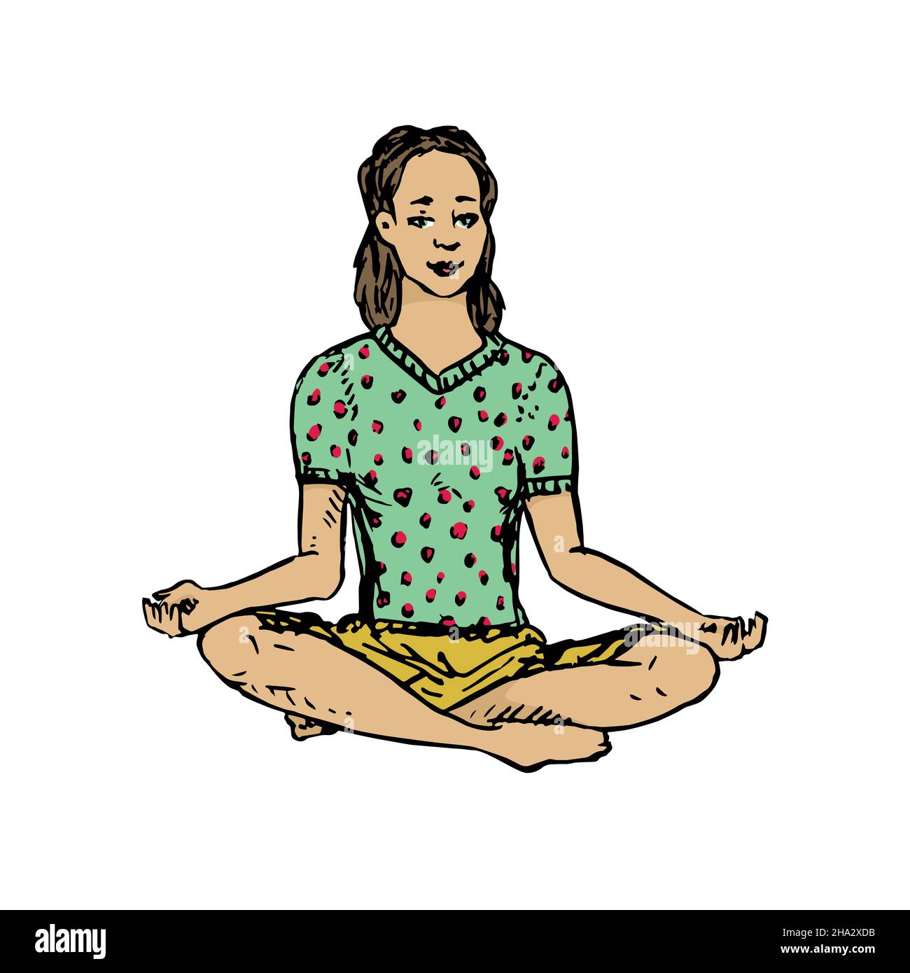 Young girl in green t-shirt meditating, hand drawn doodle, drawing, sketch illustration Stock Photo