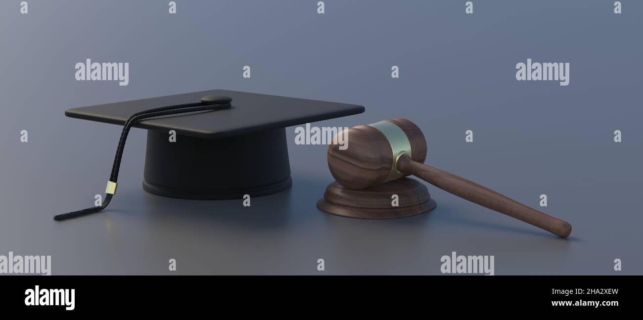 Lawyer studies, criminal law school graduate. College education degree. Graduation cap and judge gavel on grey background. Justice, legal rights conce Stock Photo