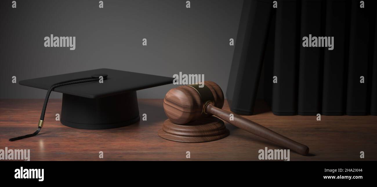 Criminal law school. Lawyer studies graduate. Education Diploma cap, library books and judge gavel on a wooden student desk. Justice degree, legal rig Stock Photo
