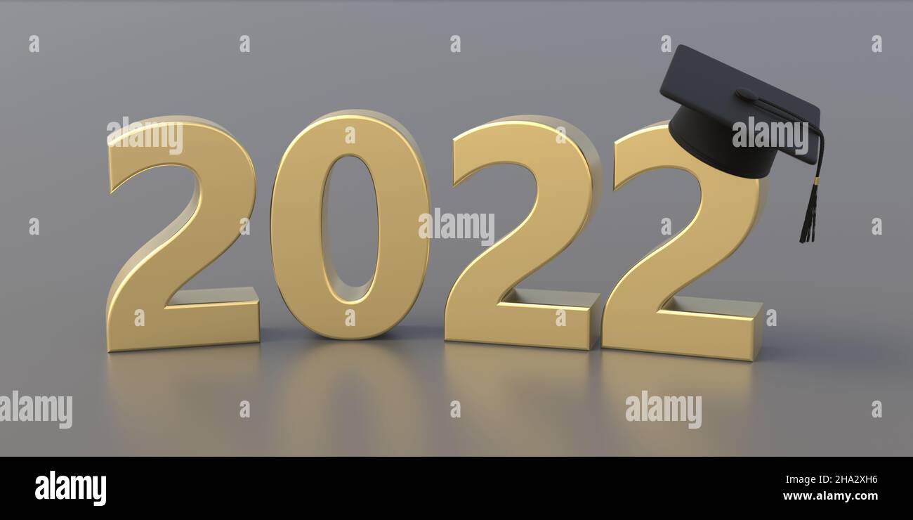 2022 Class Graduation. Golden year number and grad cap on silver grey