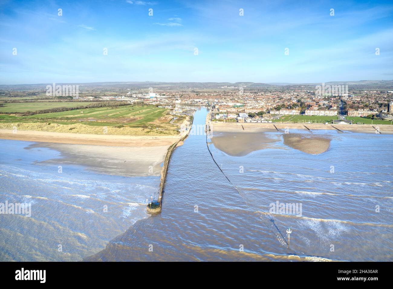 Littlehampton River Arun entrance at low tide with a new sandbar in