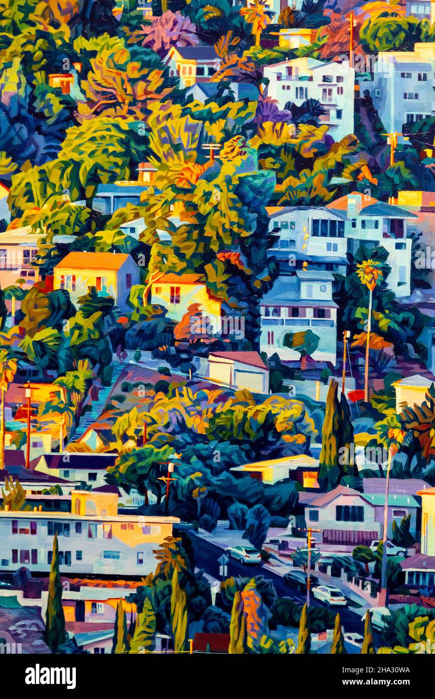 10 November 2021 - Close-up of 'Electric Avenue' (2021) depicting Los Angeles, Seth Armstrong 'Overlook' private view at Unit Gallery, Mayfair, London Stock Photo