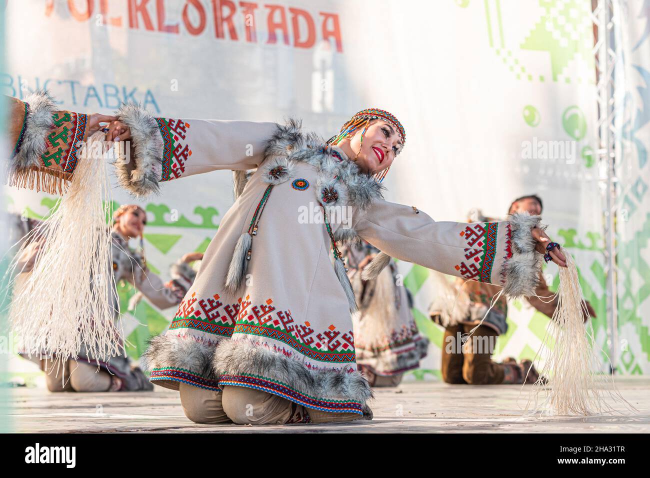 06 July 2021, Ufa, Russia: Indigenous peoples of the Far North of Russia perform traditional dances Stock Photo