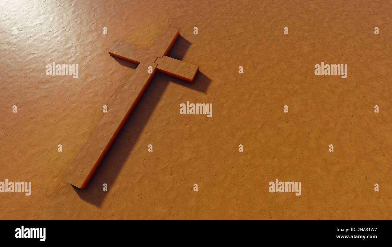 Concept or conceptual clay christian cross on an argil background. 3d illustration metaphor for God, Christ, Christianity, religious, faith, holy, spi Stock Photo