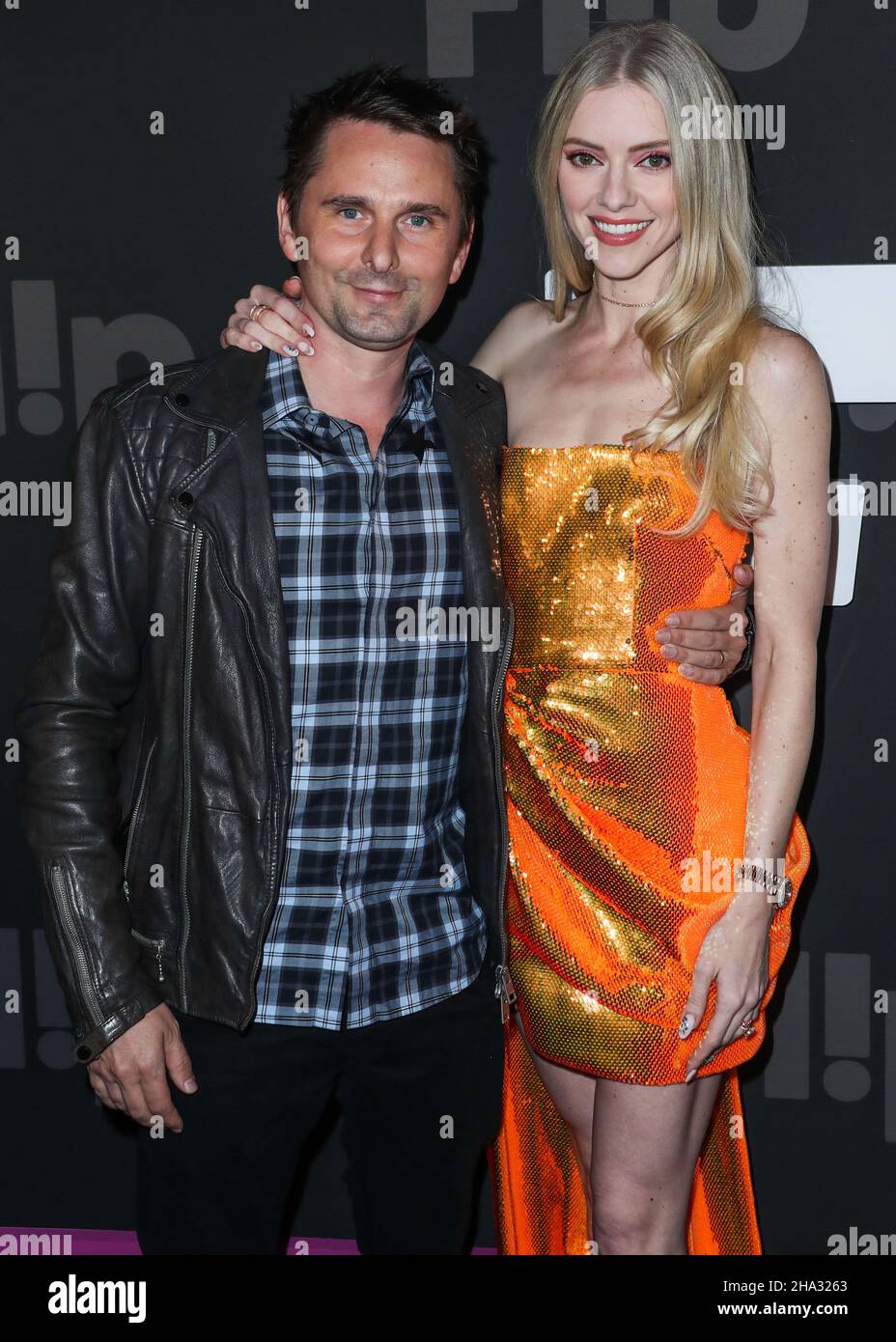 Hollywood, United States. 09th Dec, 2021. HOLLYWOOD, LOS ANGELES, CALIFORNIA, USA - DECEMBER 09: Singer Matt Bellamy and wife/model Elle Evans Bellamy arrive at the Flip Grand Launch Event Hosted by Grammy-Nominated Artist Halsey with Performances by Scout Willis, BIA, and Kehlani held at Avalon Hollywood on December 9, 2021 in Hollywood, Los Angeles, California, United States. (Photo by Xavier Collin/Image Press Agency/Sipa USA) Credit: Sipa USA/Alamy Live News Stock Photo