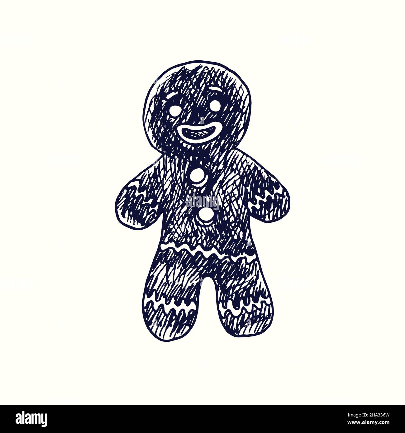 Gingerbread man. Ink black and white doodle drawing in woodcut style ...