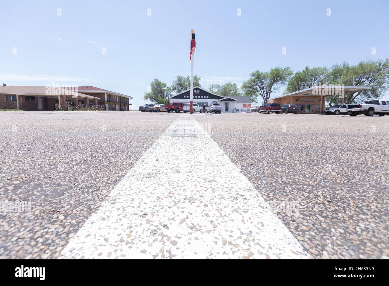 Adrian, Texas USA The line at the Midpoint Cafe, marking the halfway point on the Route 66. Stock Photo