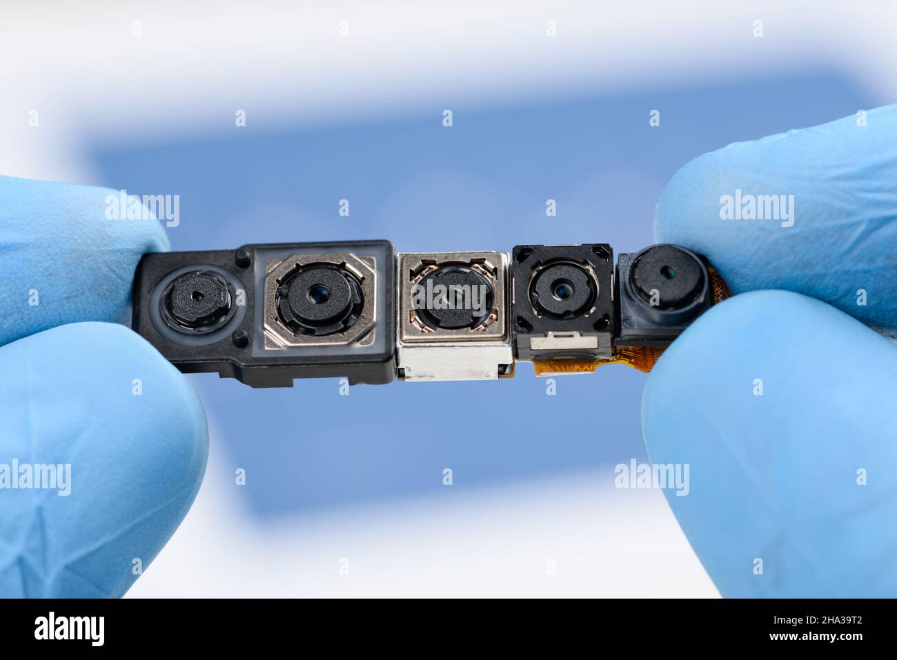 Camera modules in scientist hands. Different sensor and technology smartphone small cameras in laboratory. Stock Photo