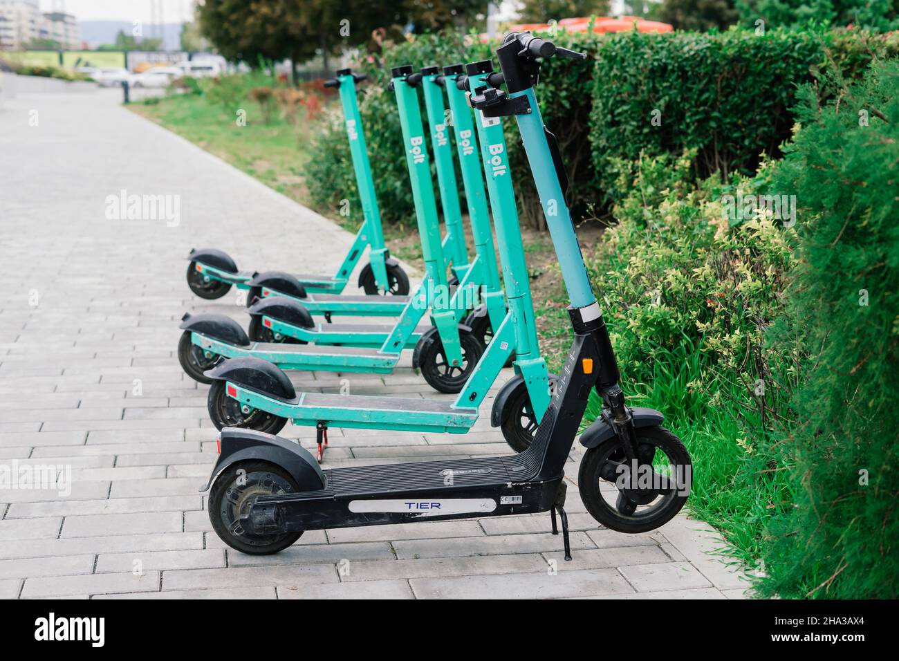 Public rental electric kickboard, parking of scooters on a street Stock  Photo - Alamy