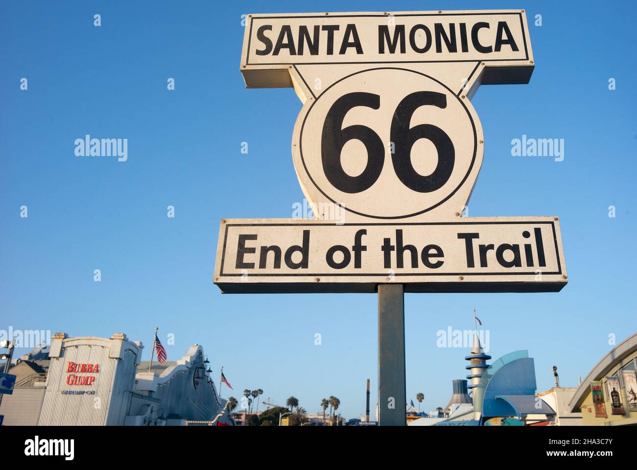Santa Monica, California, The Route 66 "End of the Trail" sign on Santa Monica Pier Stock Photo