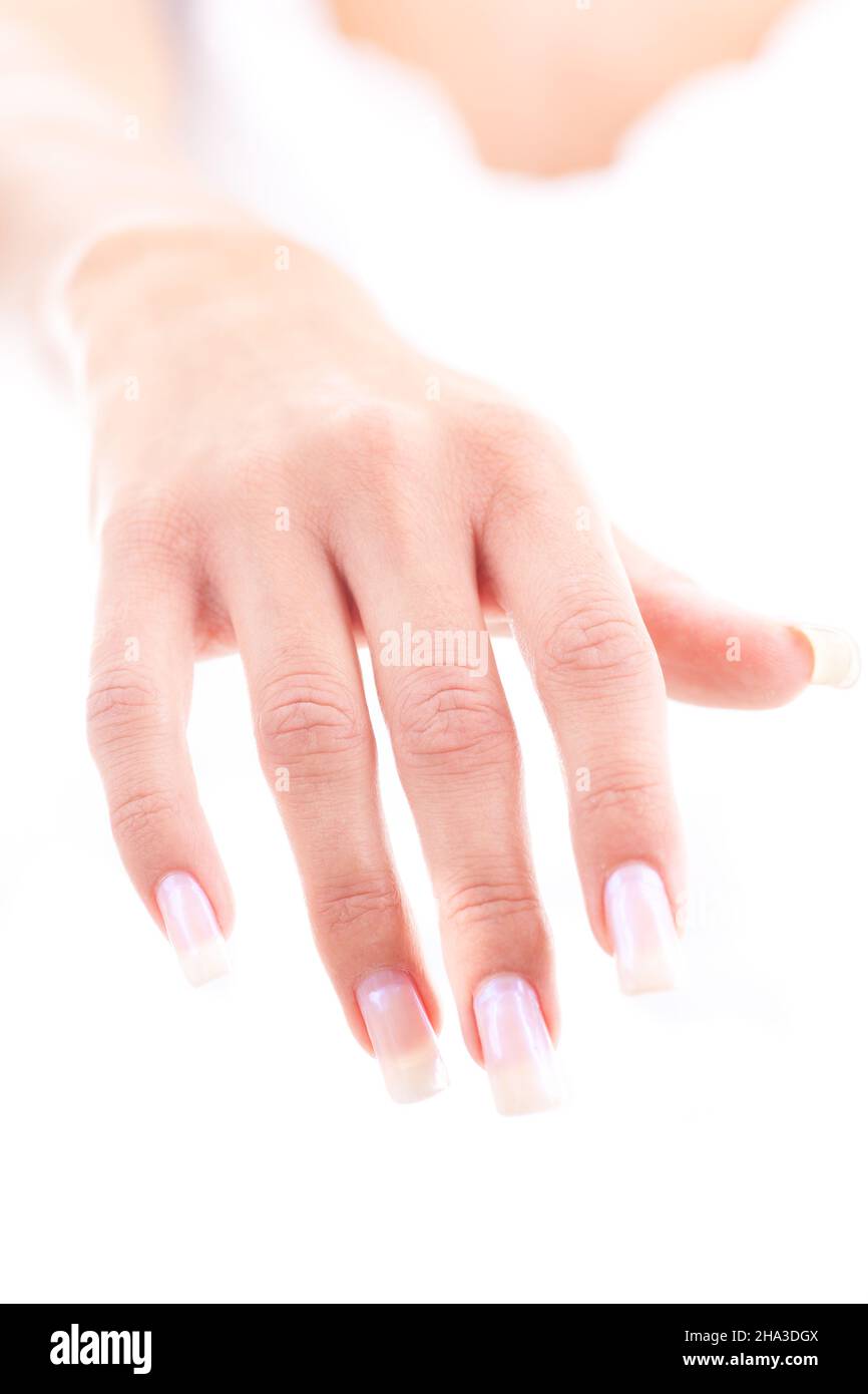 hand, open, inside, front, care, palm, one, flat, form, women handbag, beautiful, top, fingers, young, tender, woman, nails, white, soft, alone, detai Stock Photo