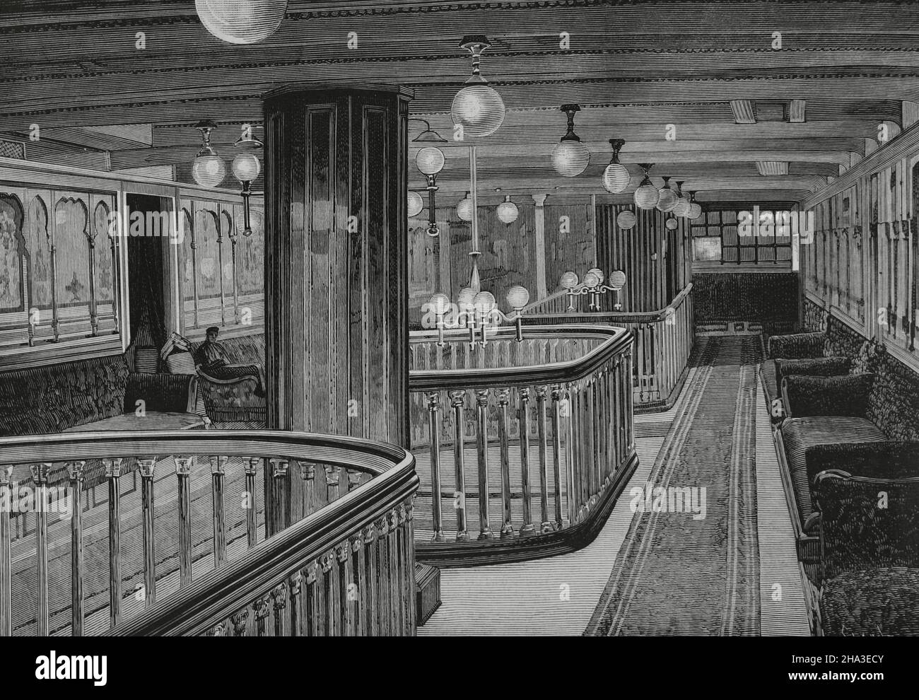 Spain. Steamship 'Antonio López', from the Compañía Trasatlántica Española, owned by the Marqués de Comillas. It was built in 1881 by Denny and Bross company in Dumbarton (Scotland), becoming the first Spanish ship with a steel hull and electric light. Interior of the aft saloon, illuminated by electric light. Drawing by A. de Caula. Engraving by Capuz. La Ilustración Española y Americana, 1882. Stock Photo