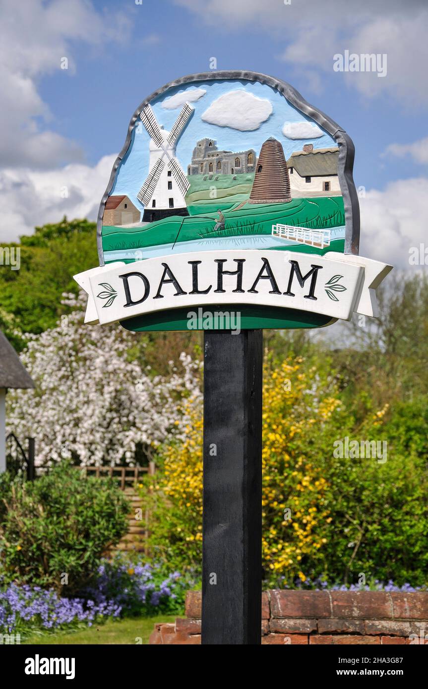 Village sign, Dalham, Suffolk, England, United Kingdom Stock Photo