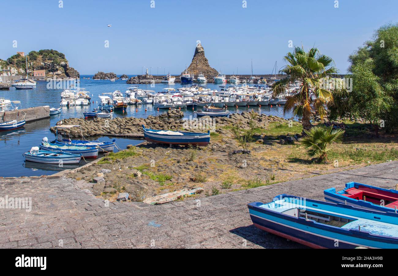 The Ciclopi Islands, located in front of the coast of Acitrezza, are a small archipelago of Sicily, in Italy. They were formed as a result of intense Stock Photo