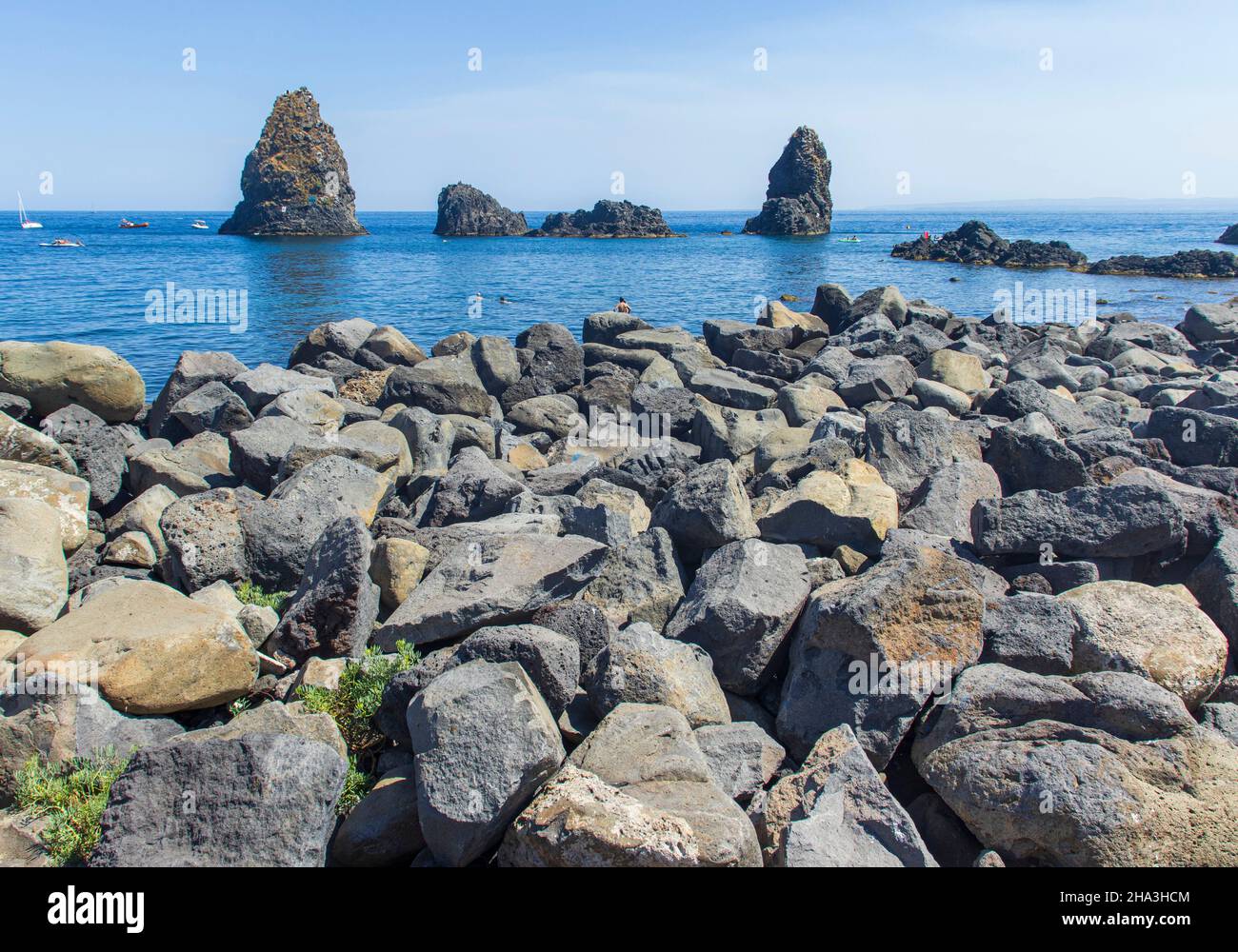 The Ciclopi Islands, located in front of the coast of Acitrezza, are a small archipelago of Sicily, in Italy. Stock Photo