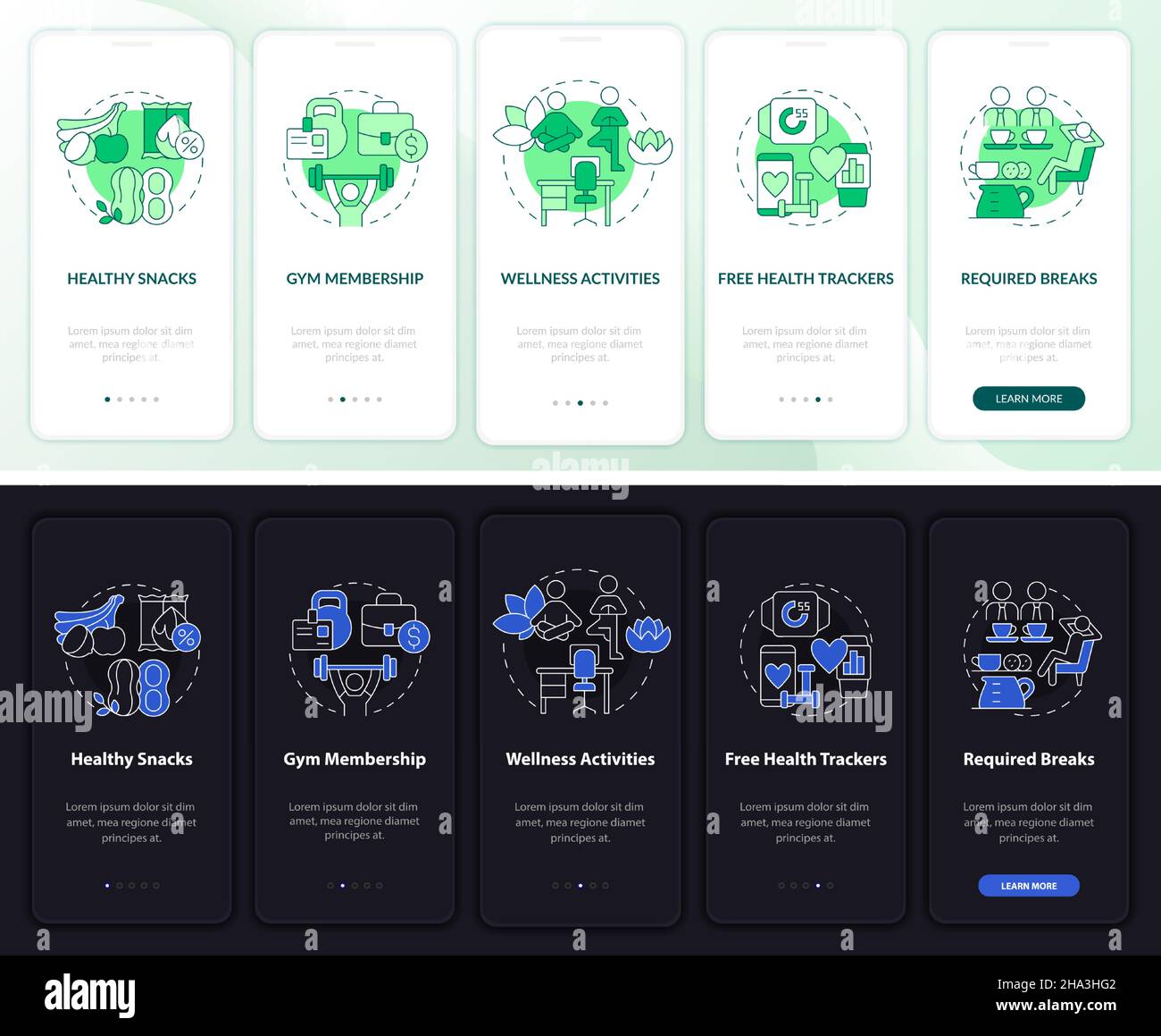 Staff wellbeing perks onboarding mobile app page screen Stock Vector ...