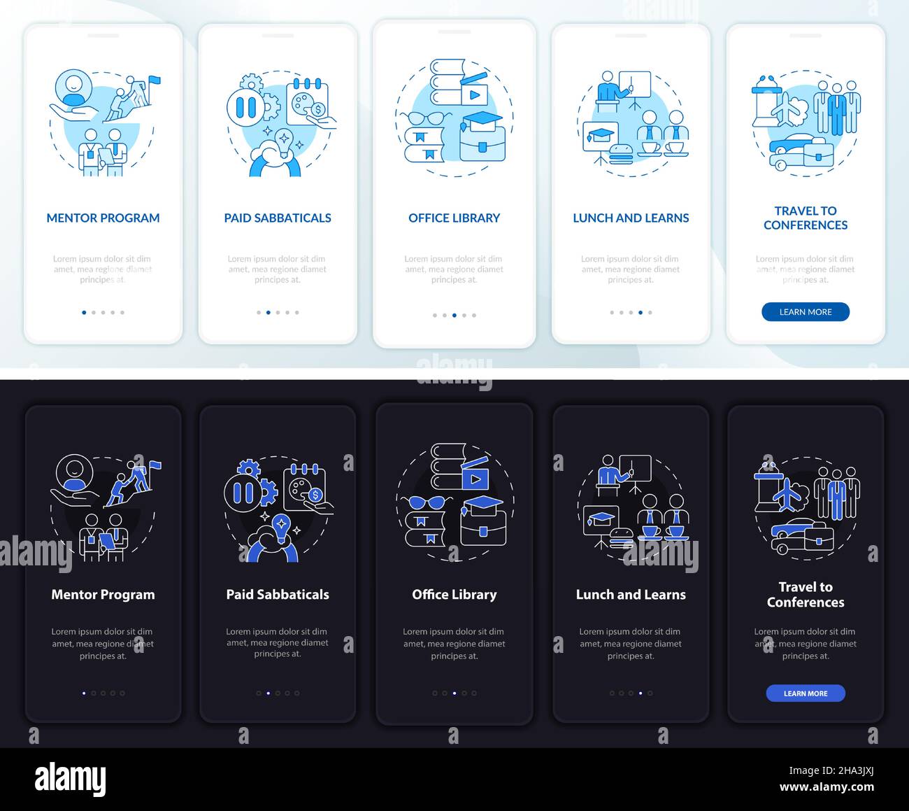 Staff development perks onboarding mobile app page screen Stock Vector