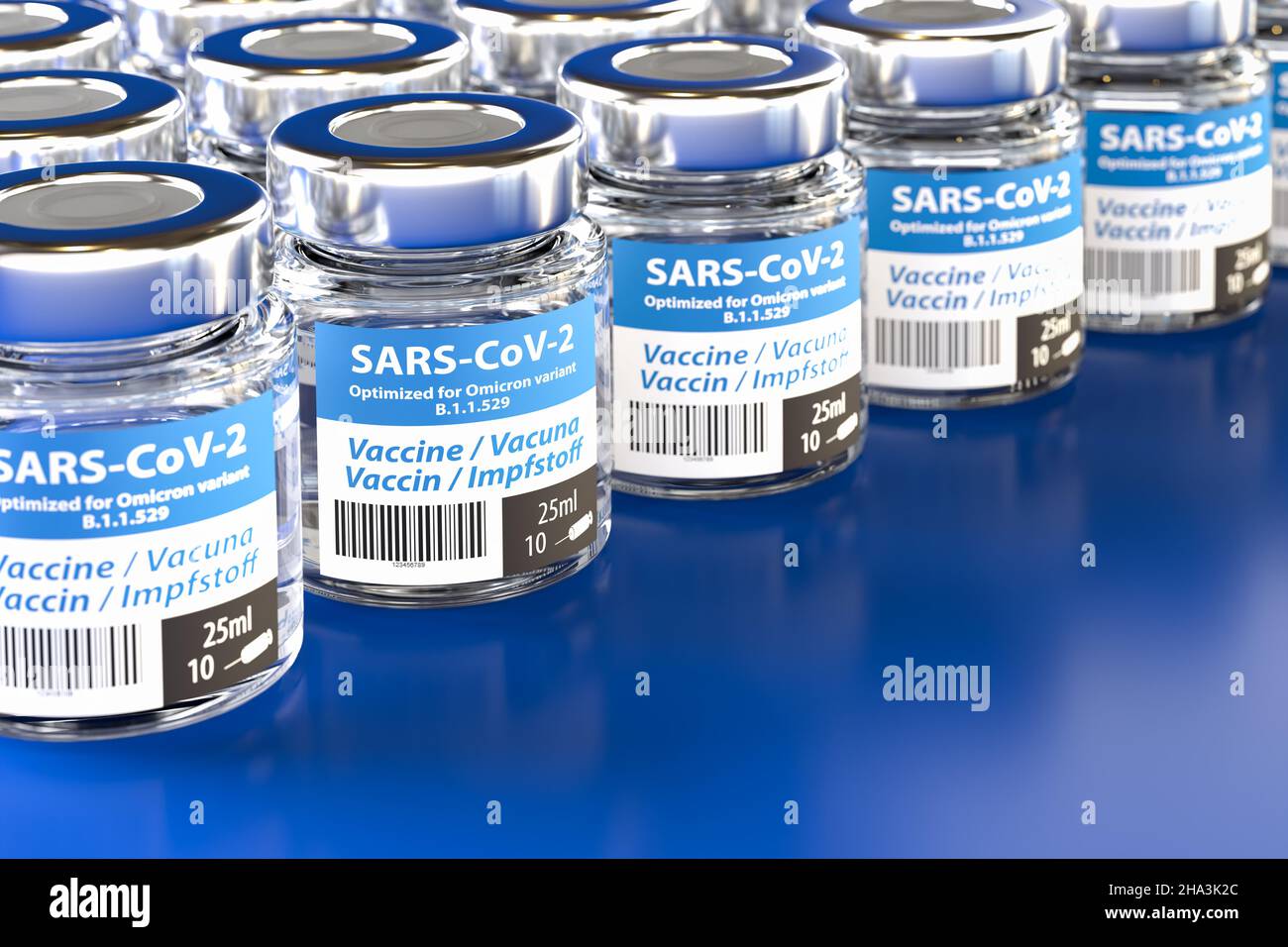 A Vaccine against the SARS-CoV-2 variant B.1.1.529 Omicron: Bottles of vaccination. The word vaccination in English, Spanish, French and German on the Stock Photo