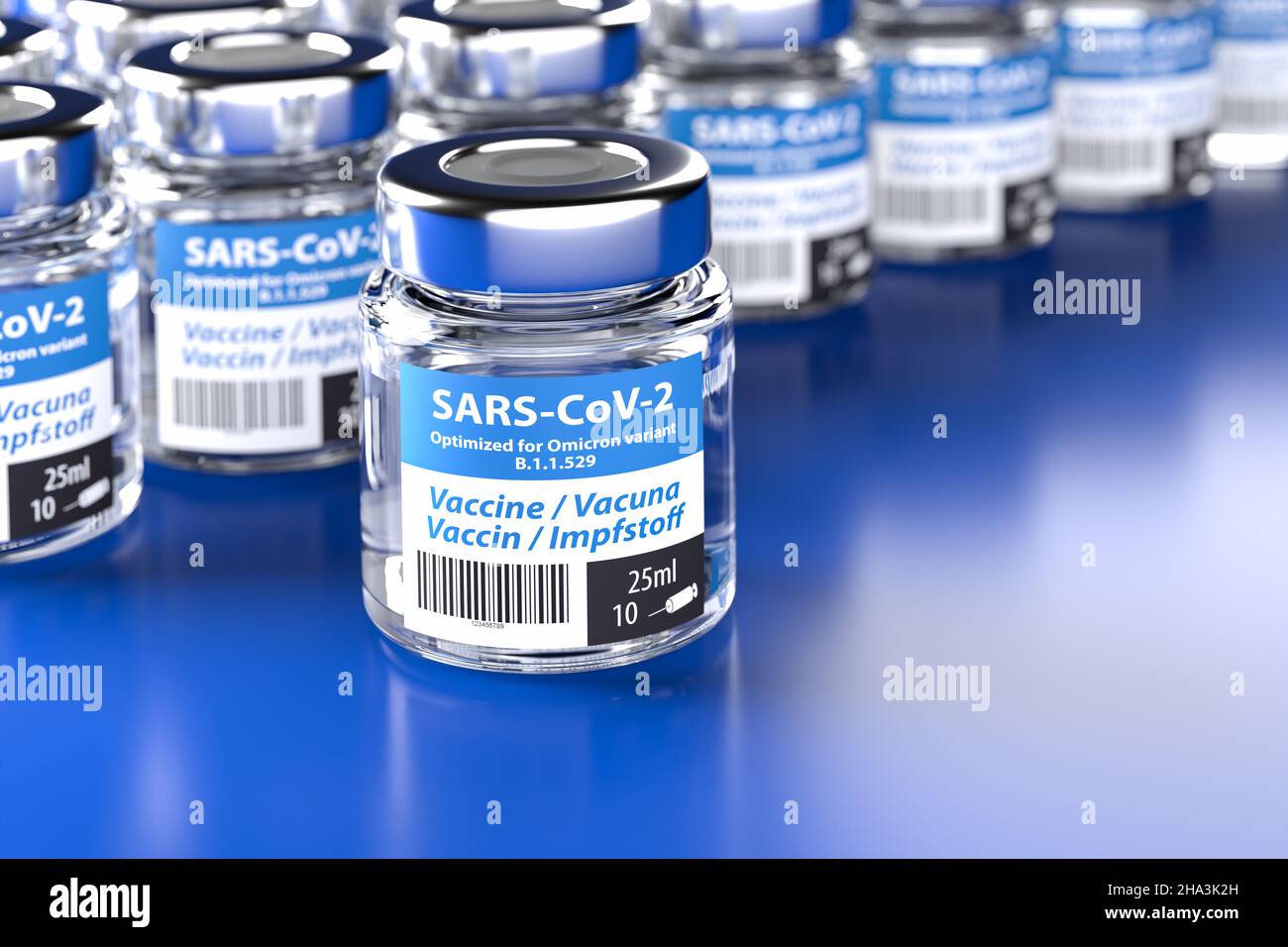 A Vaccine against the SARS-CoV-2 variant B.1.1.529: Bottles of vaccination. The word vaccination in English, Spanish, French and German on the label Stock Photo