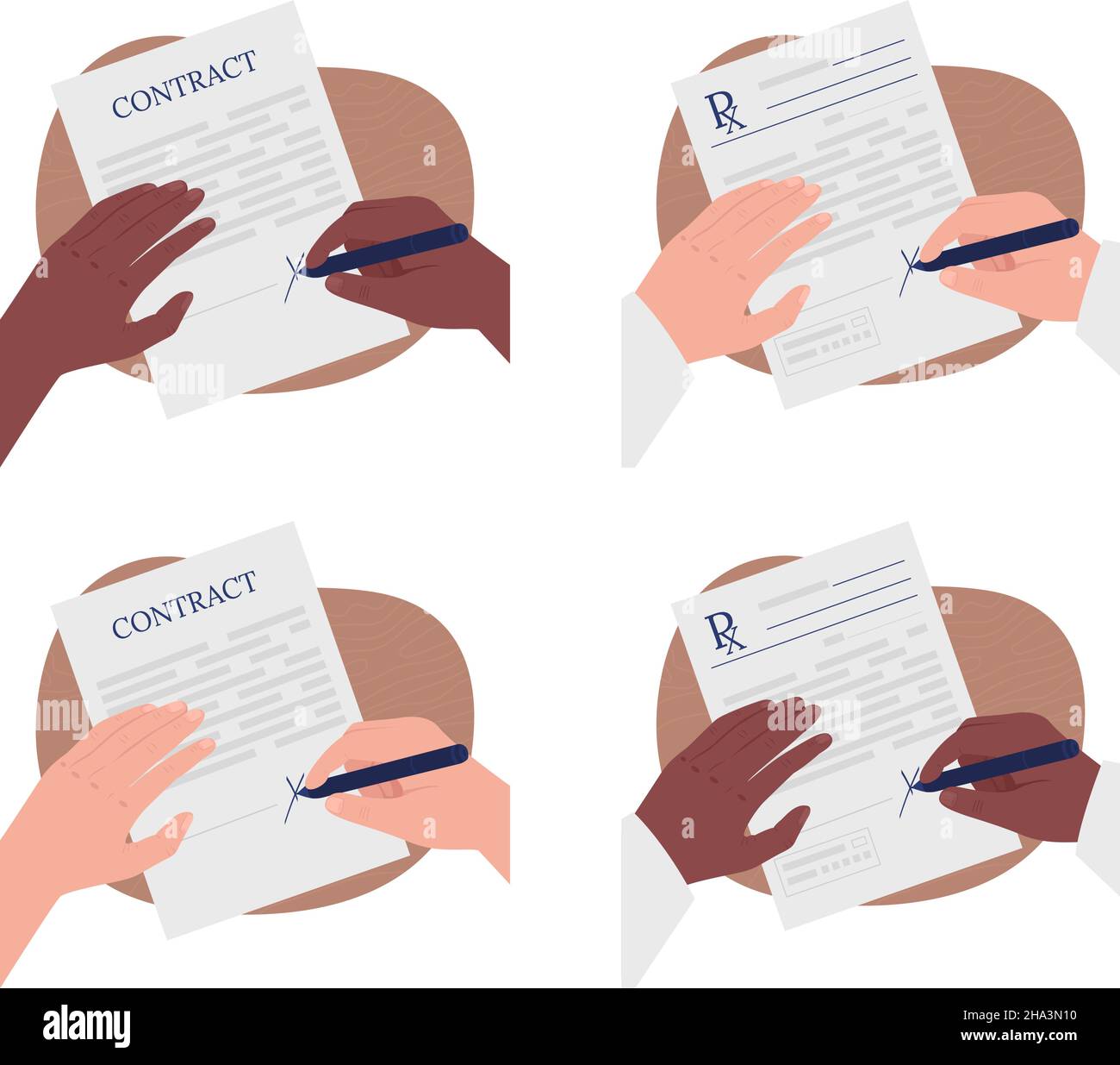 Singing contract flat color vector illustration set Stock Vector