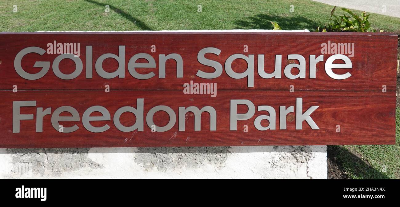 Bridgetown, Barbados, 29th Dec 2021. Golden Square Freedom Park sign.  Barbados became a republic and this open space has been built to commemorate th Stock Photo