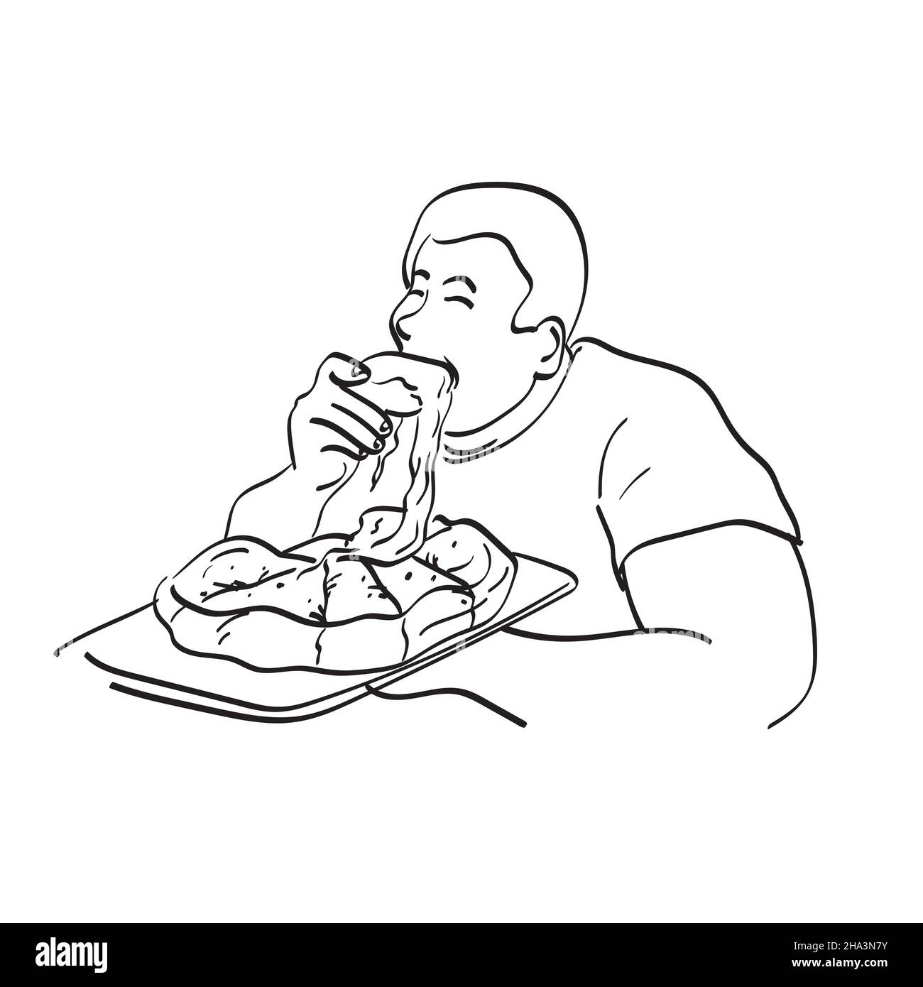 fat man eating cheezy pizza illustration vector hand drawn isolated on white background line art. Stock Vector