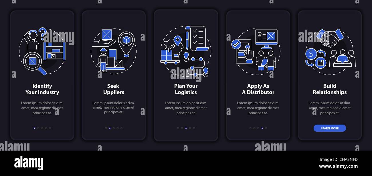 Steps to distribution startup onboarding mobile app page screen Stock Vector