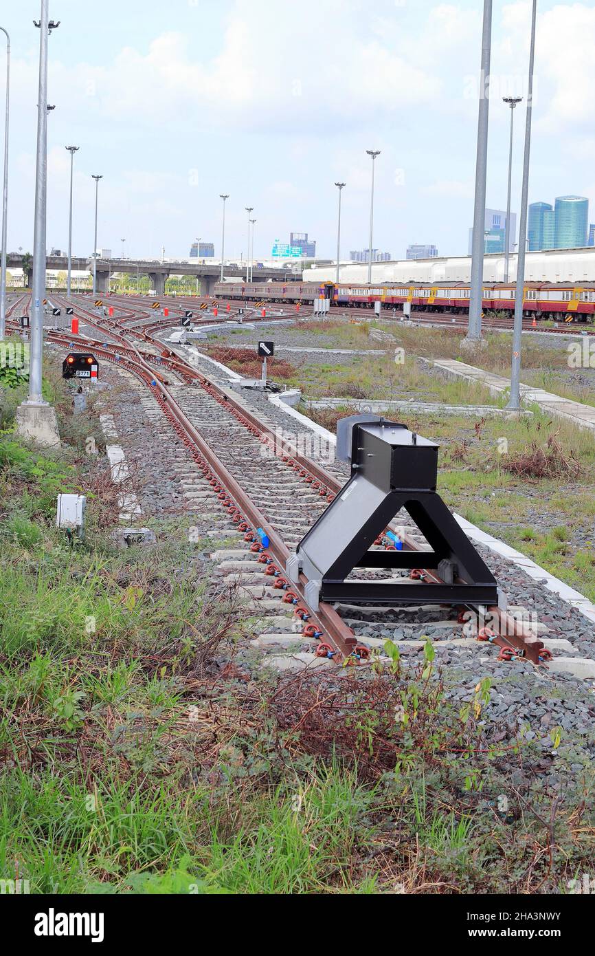 Dead End Buffer stop, bumper, bumping post, bumper block, Train stopper, Train bumper or stopblock at a railroad track.  Installed  for prevent train Stock Photo