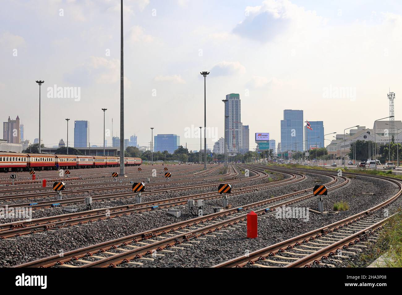 Empty Rails Empty rail tracks heading towards the City with blue sky, outdoor ...