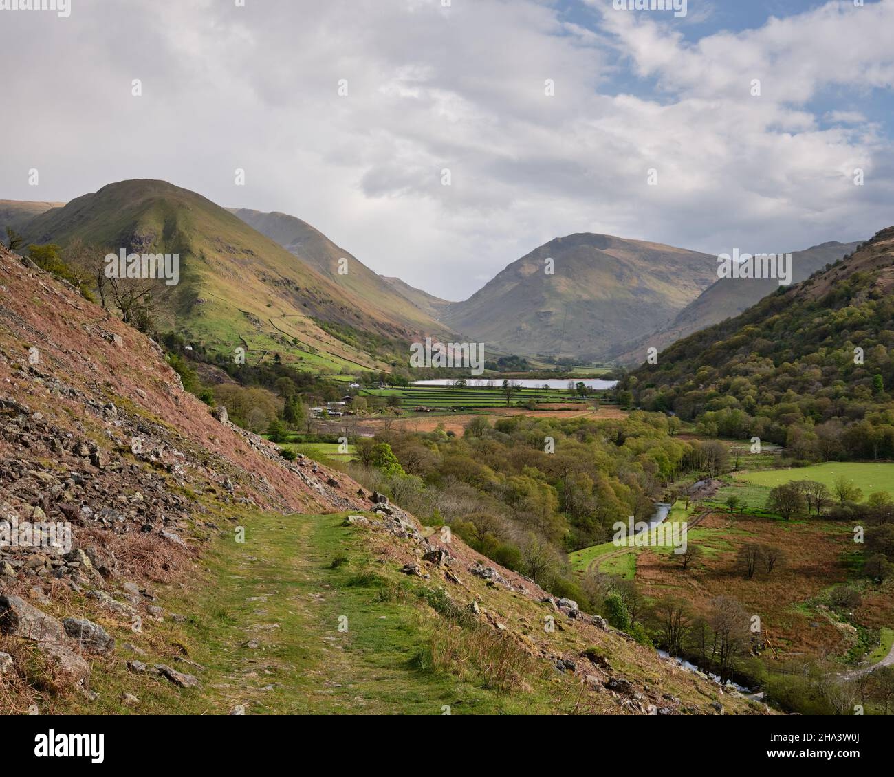 Footpath descending from Boredale Hause to Hartsop and Patterdale. Red Screes visible above Brothers Water, Lake District, UK Stock Photo