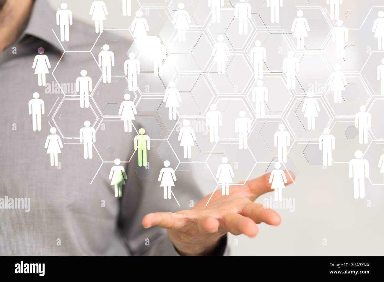 3D rendering of a group of floating people icons on a businessman's ...