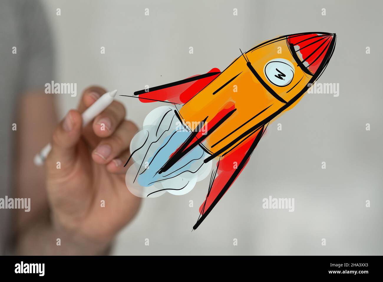 3D rendering of a man pointing at a space rocket icon Stock Photo - Alamy