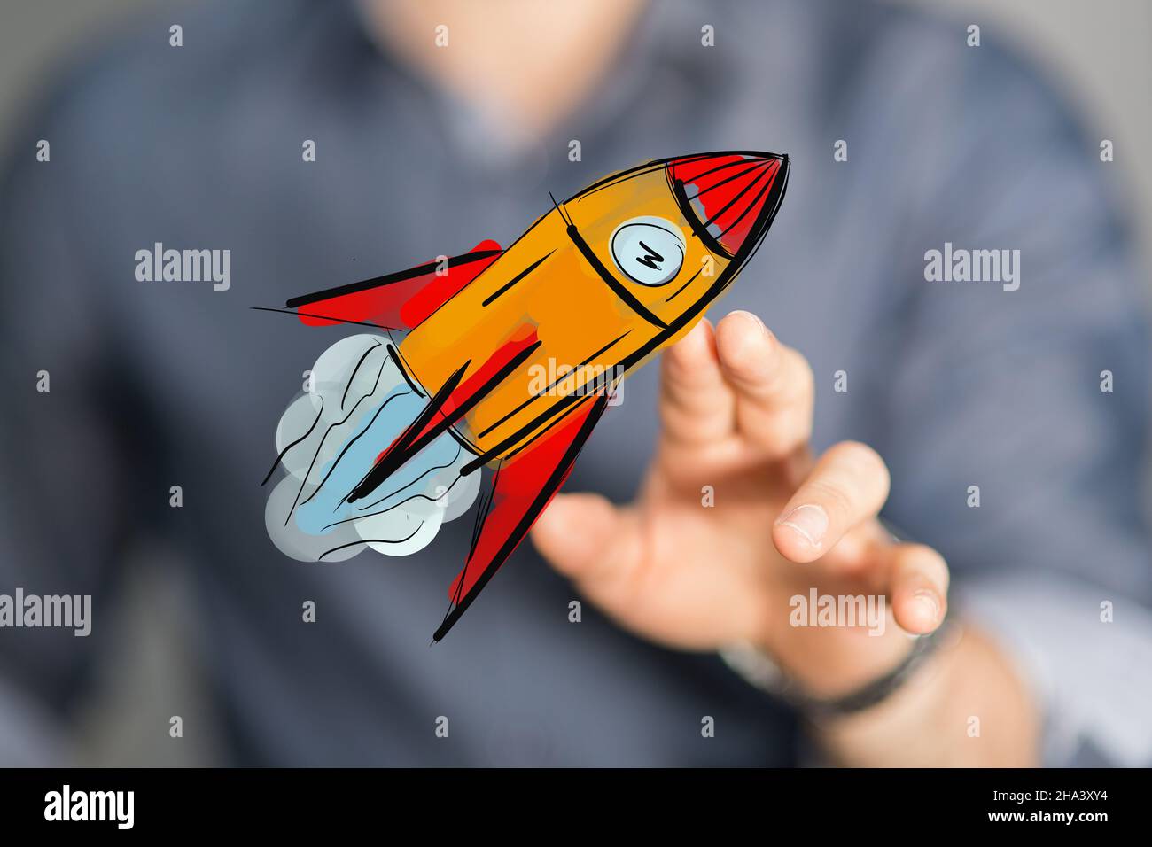 3D rendering of a man pointing at a space rocket icon Stock Photo - Alamy