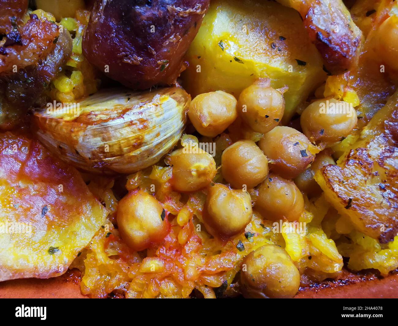 Closeup of a "Arroz al horno" baked rice detail typical food Valencia