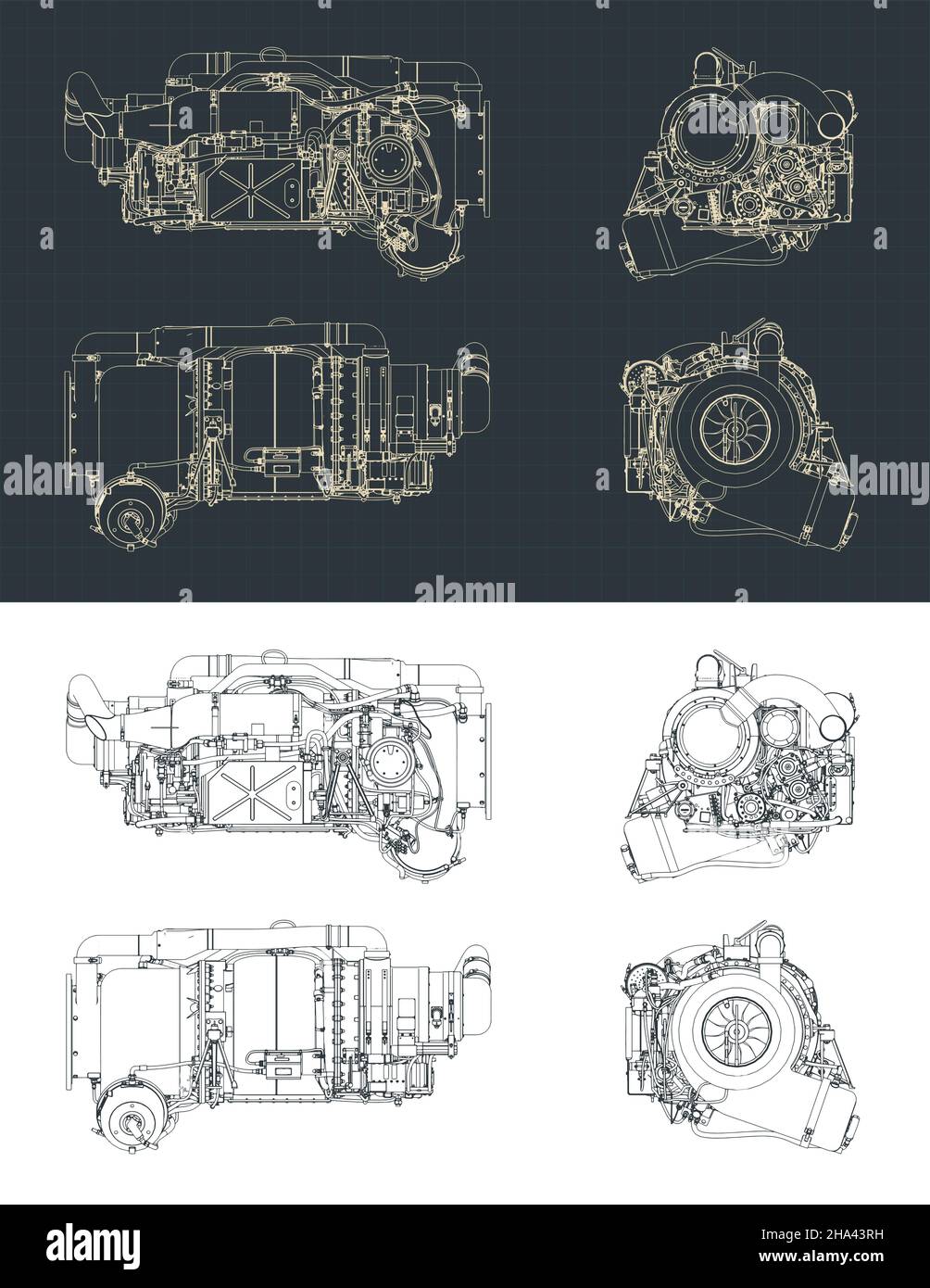 Stylized vector illustration of blueprints of Aircraft gas turbine engine APU Stock Vector