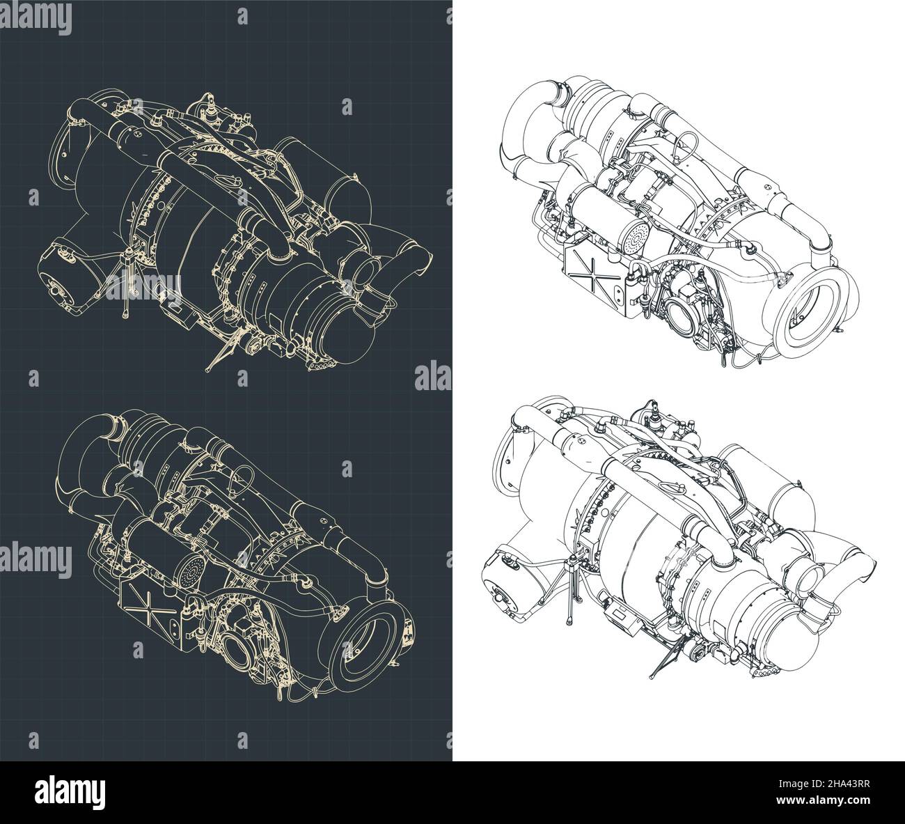 Stylized vector illustration of isometric blueprints of Aircraft gas turbine engine APU Stock Vector