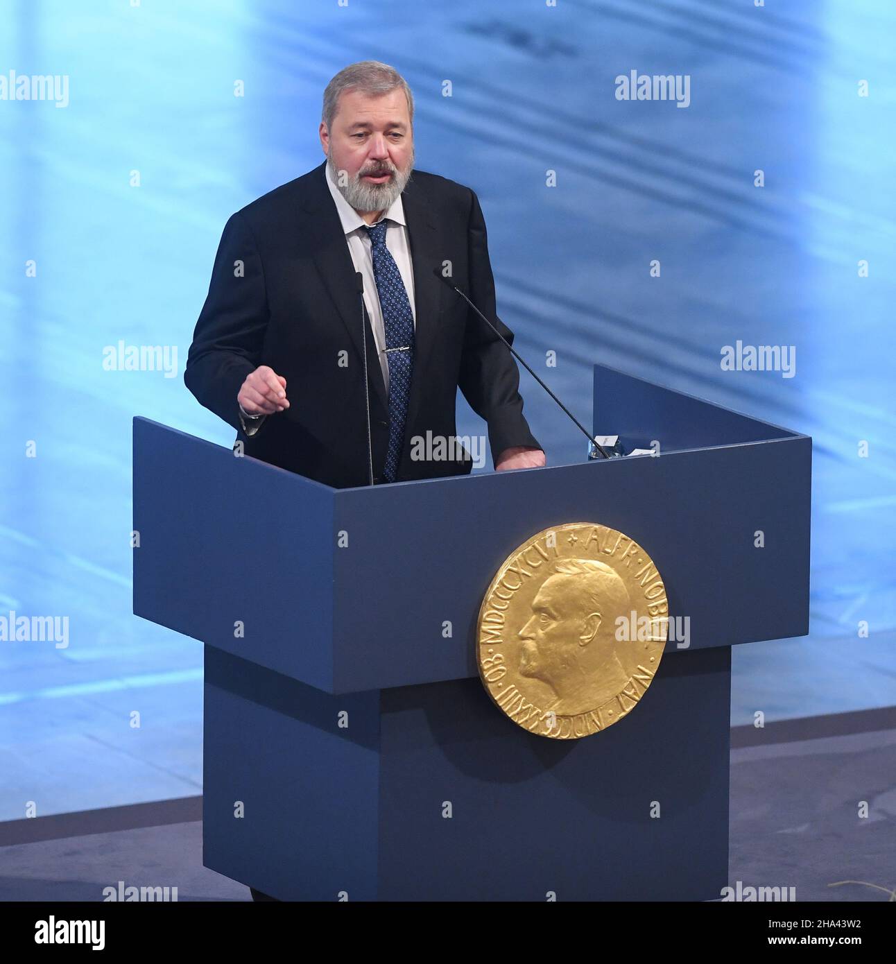 Oslo, Norway. 10th Dec, 2021. Nobel Peace Prize laureates Russian journalist Dmitry Muratov attends the Nobel Peace Prize Award Ceremony at City Hall in Oslo on December 10, 2021. Photo by Rune Hellestad/ Credit: UPI/Alamy Live News Stock Photo