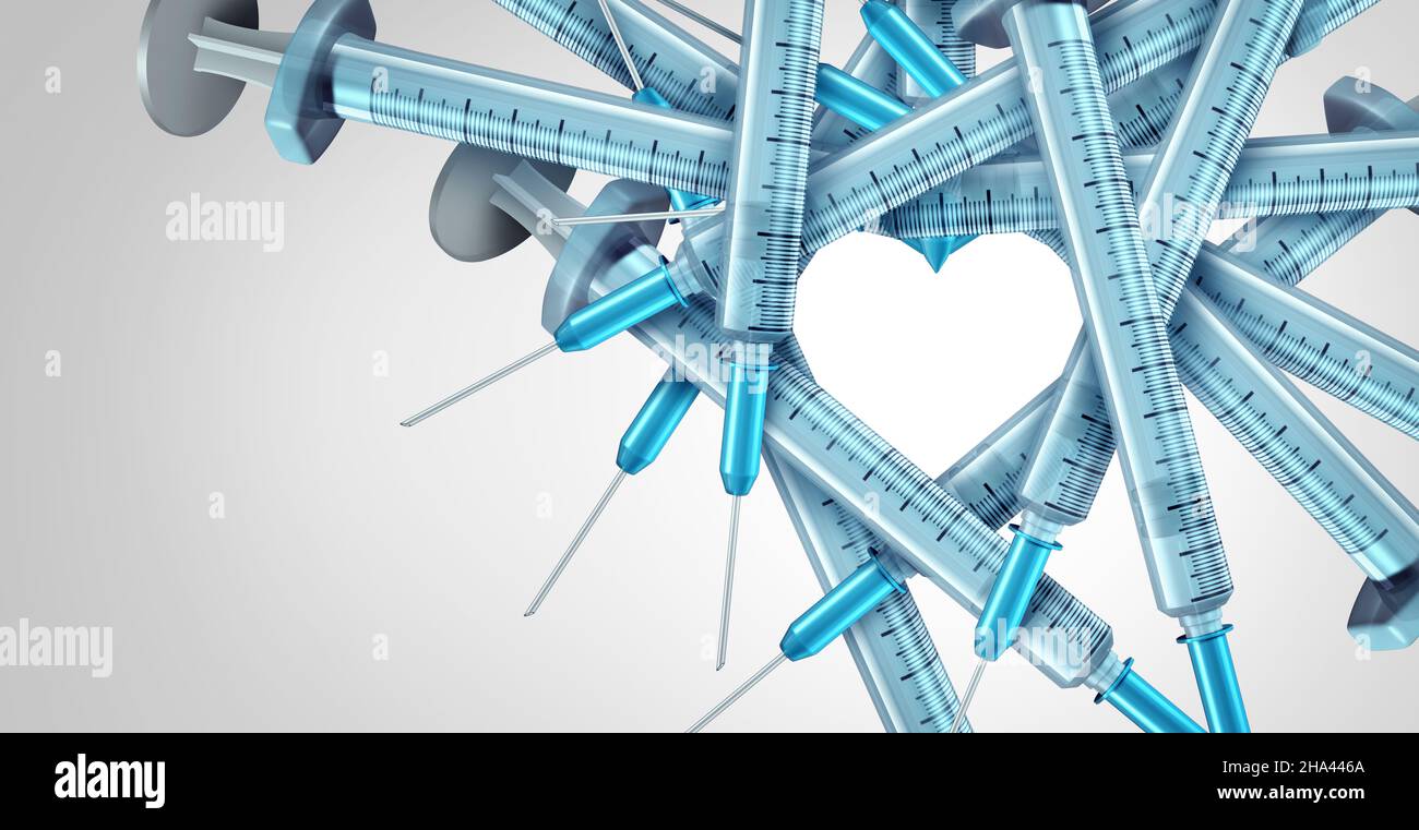 Medical treatment love with a group of medicine syringe objects or vaccine syringes in the shape of a heart symbol as a 3D illustration. Stock Photo