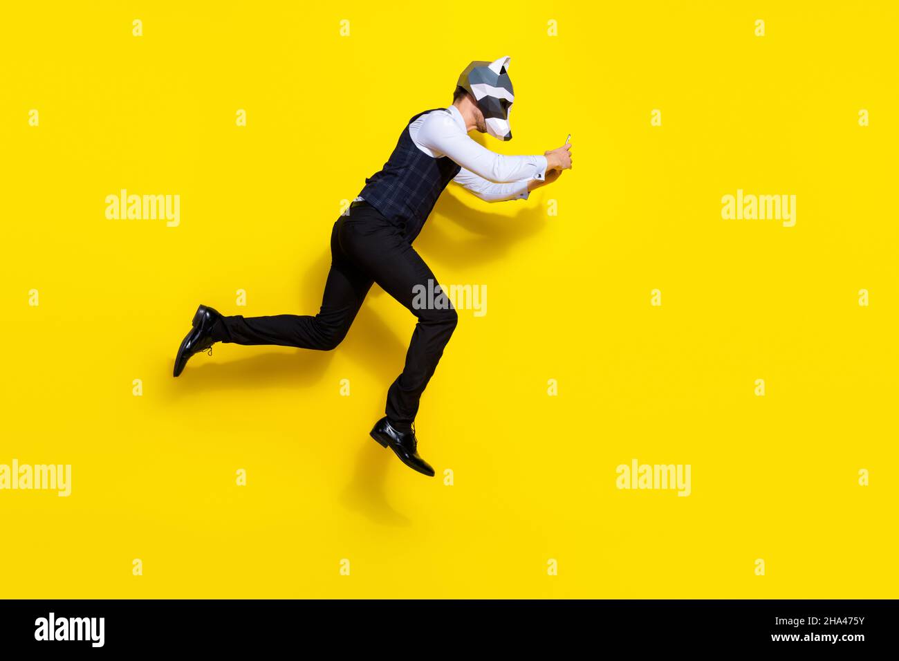 Full body profile side photo of freaky racoon character guy jump run ...
