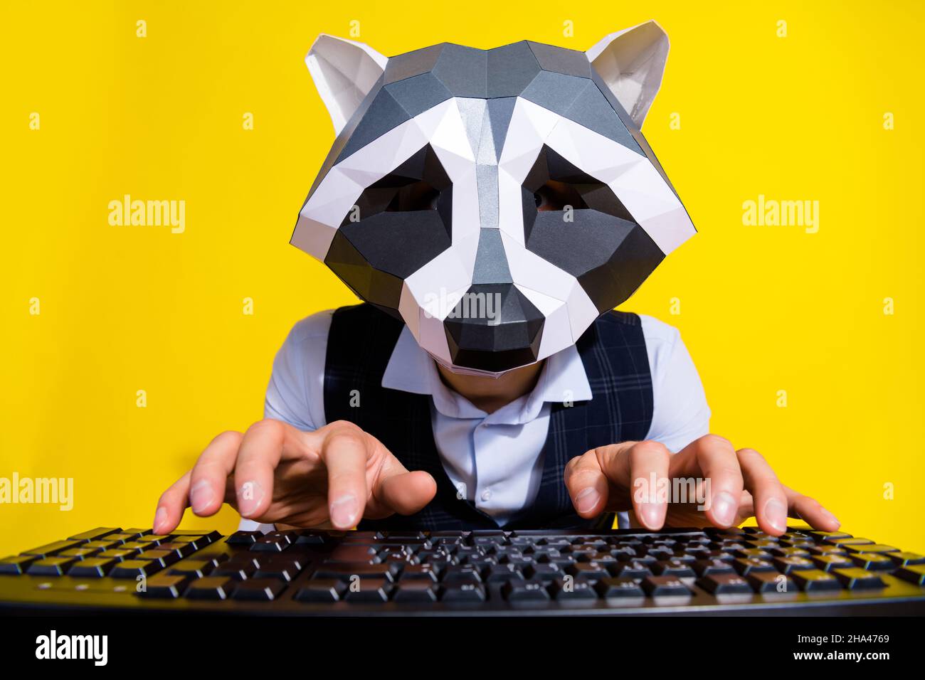 Portrait of crazy bizarre marketer racoon mask identity write letter pc