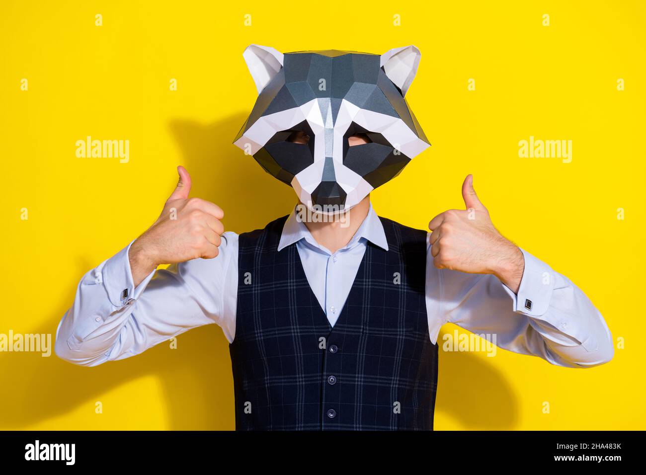 Photo of reliable promoter theme character guy raise thumb up wear raccoon mask vest isolated yellow color background Stock Photo