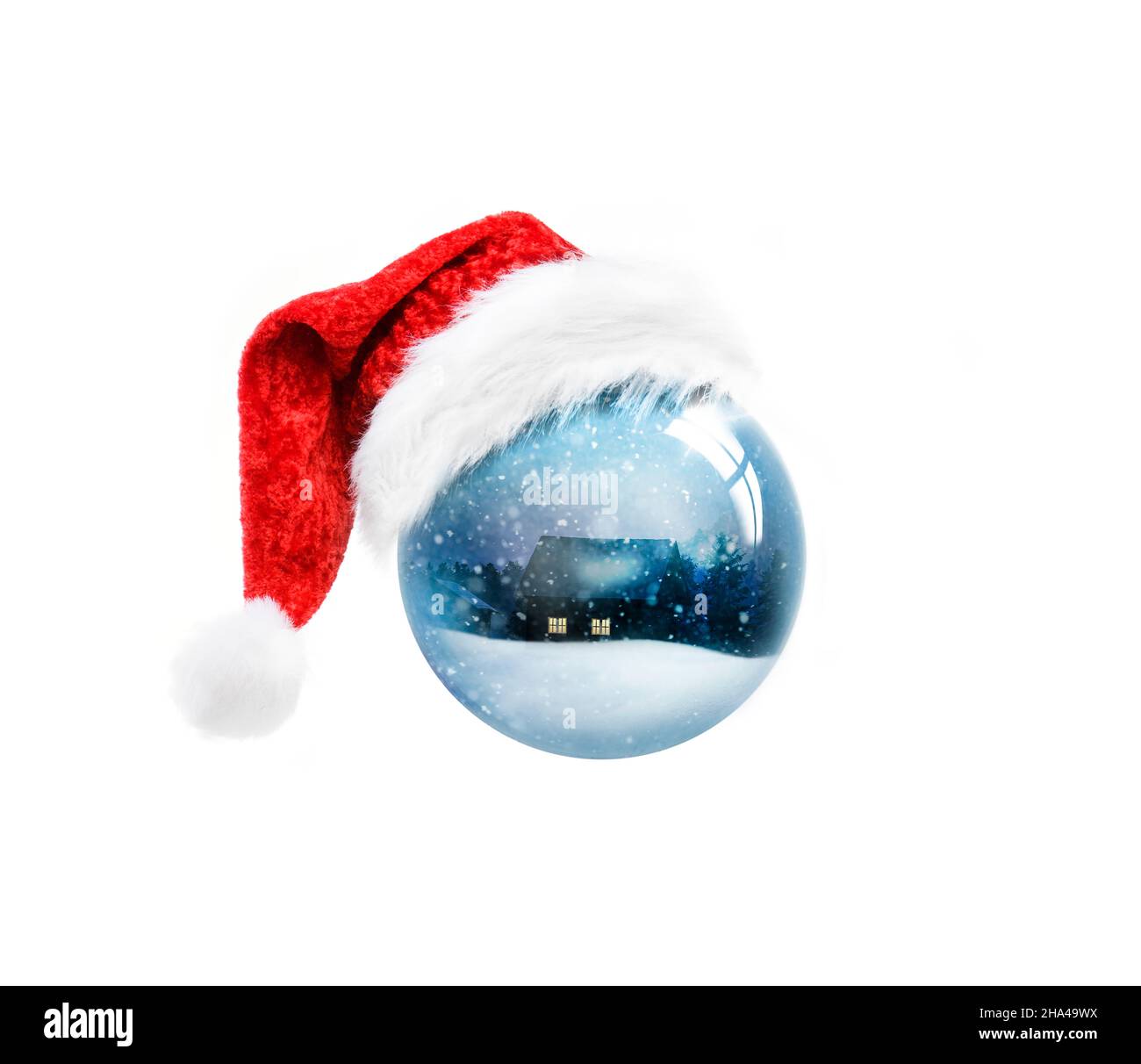 blue christmas ornament with santa hat isolated on white background Stock Photo