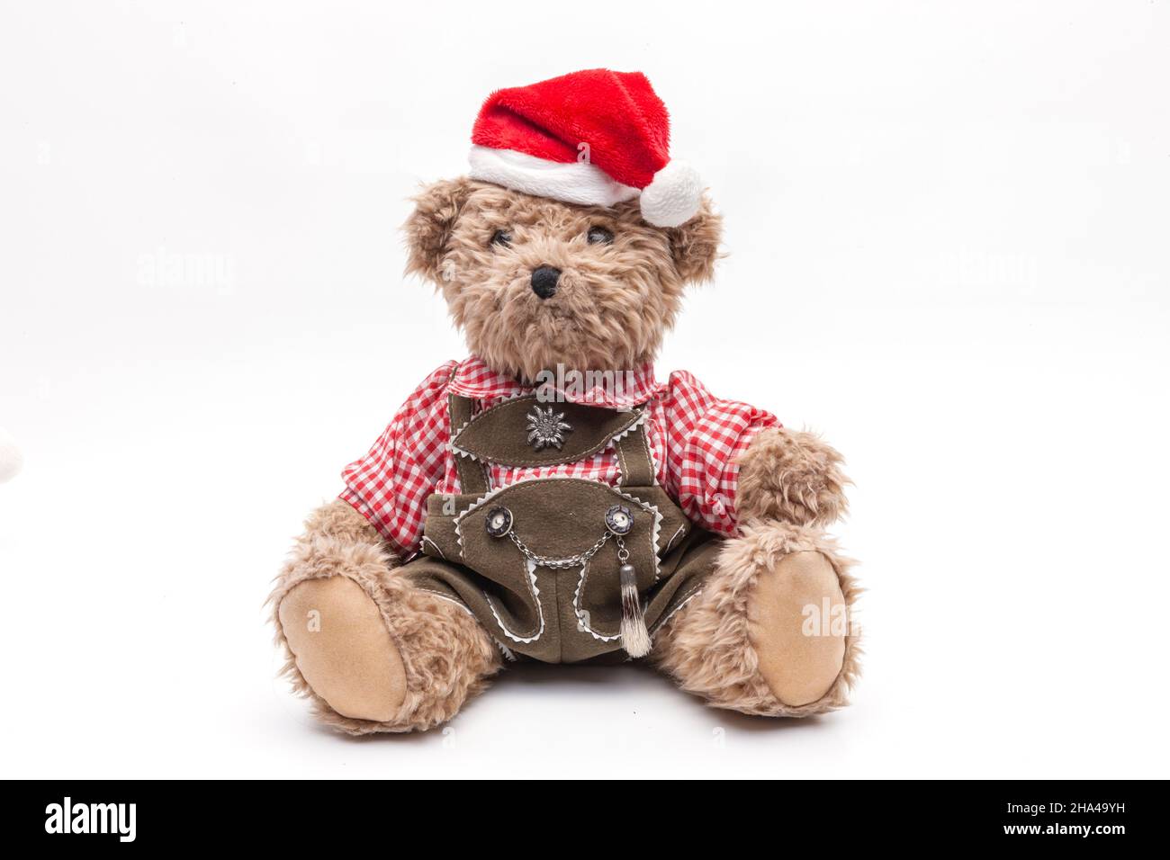 teddy bear with leather pants and a christmas hat Stock Photo