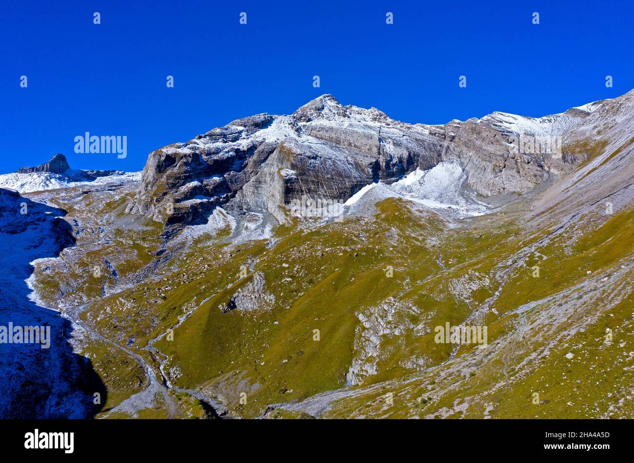 summit tete seri,left,and dent favre,valley head of the pre de bougnonne alpine pasture,bernese alps,ovronnaz,valais,switzerland Stock Photo