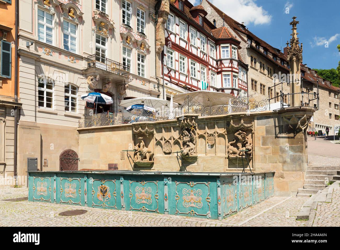 fish fountain and pillory on the market square,schwaebisch hall,hohenlohe,baden-württemberg,germany Stock Photo