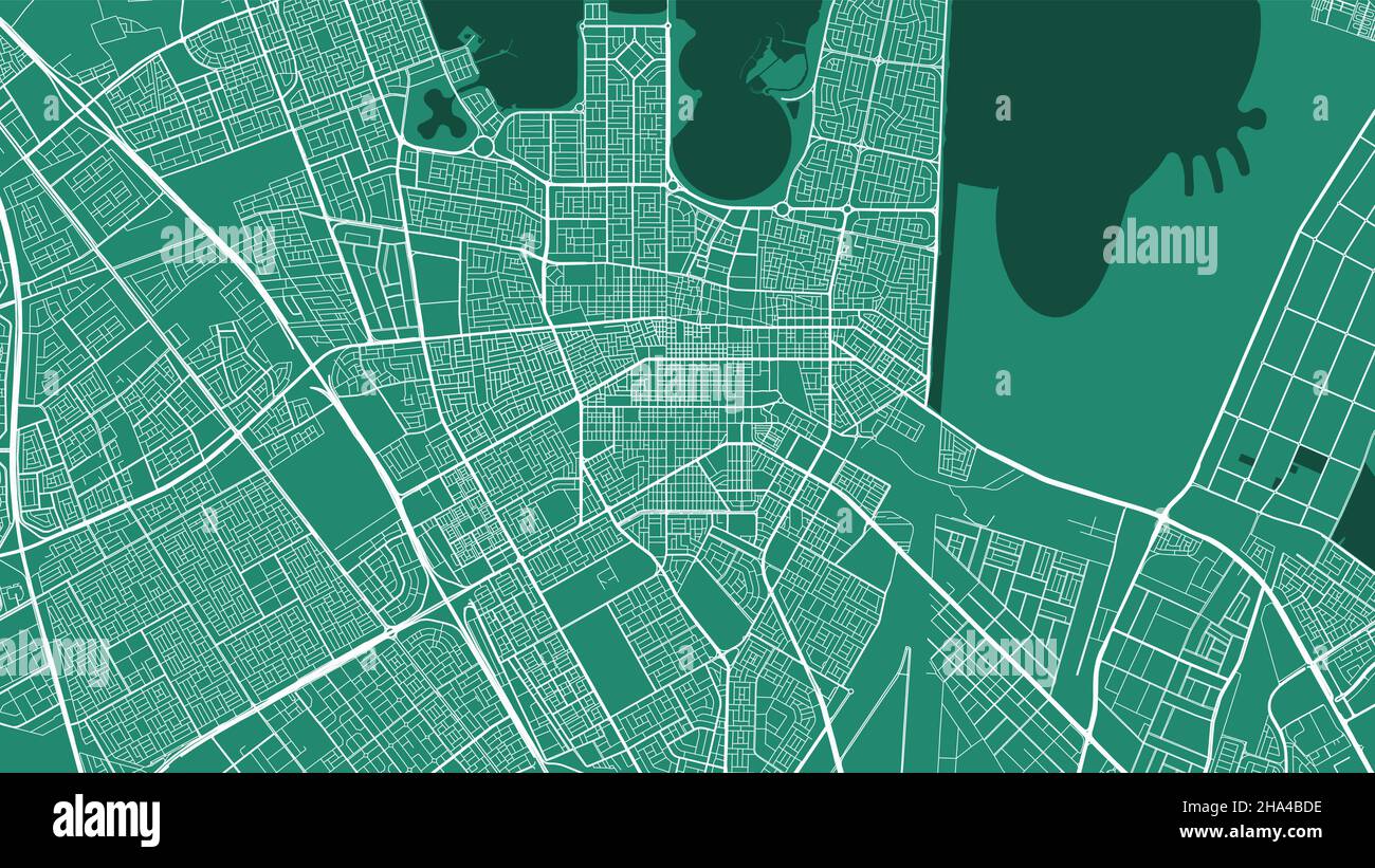 Green Dammam City area vector background map, streets and water cartography illustration. Widescreen proportion, digital flat design streetmap. Stock Vector